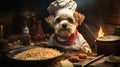 funny dog wear a chef uniforms cooking in the kitchen on kithen background. Generative AI