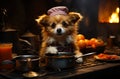 Funny dog wearing chef hat sitting on a kitchen stove. A small brown and white dog sitting in a pan. Royalty Free Stock Photo