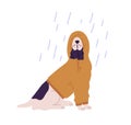 Funny dog wearing hoodie under rain vector flat illustration. Cute domestic animal dressed in hood at rainy seasonal Royalty Free Stock Photo