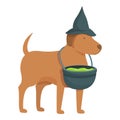 Funny dog witch icon cartoon vector. Green cauldron