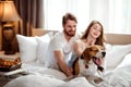 Funny dog yawns while sits in bed near hosts, satisfied with delicious breakfast. Happy female and make in background