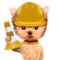 Funny dog in yellow hard hat Isolated on white Royalty Free Stock Photo