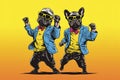 funny dogs in blue jackets dance disco on a yellow background in pop art style. Generated AI