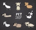 Funny Dogs doodle Set. Hand drawn sketched pets collection Vector Illustration on chalkboard background. Royalty Free Stock Photo