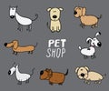 Funny Dogs doodle Set. Hand drawn sketched pets collection Vector Illustration on gray background. Royalty Free Stock Photo
