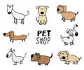 Funny Dogs doodle Set. Hand drawn sketched pets collection Vector Illustration on white background. Royalty Free Stock Photo