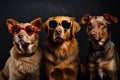 Funny dogs gang in sunglasses on studio background. Pets portrait. Generative ai