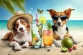 Funny dogs on sea beach, pets relax with cocktail on vacation, generative AI Royalty Free Stock Photo