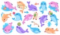 Funny dolphin characters. Cartoon marine animal with show accessories, performing tricks elements, cute underwater fauna