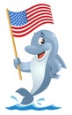 Funny dolphin holding American flag.
