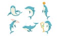 Funny Dolphins Set, Cute Ocean Mammals Performing Tricks Vector Illustration