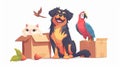 Funny domestic animals: puppies rottweilers and kittens in cardboard boxes in background. Modern cartoon animals of dogs