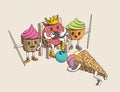 Funny Donut King, Cupcakes Guards Scared by Cone Ice Cream`s Fallen Head