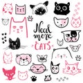 Funny doodle cat icons collection. Hand drawn pet, kid drawn des Royalty Free Stock Photo