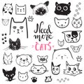 Funny doodle cat icons collection. Hand drawn pet, kid drawn des Royalty Free Stock Photo