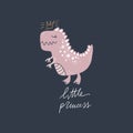 Funny doodle cute girl dinosaur princess. Vector illustration