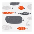 Funny doodle fishes set. Card, postcard, print, poster, background with underwater tropical fish