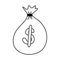 Funny doodle with hand drawn outline of money bag with dollar sign. Symbol of finance, economy, bank, success and Royalty Free Stock Photo