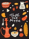 Funny doodle menu template with illustration of traditional middle eastern food. and ahnd written phrase Taste the myth. Vector.