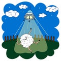 Funny doodle sheep running from ufo, cartoon drawing animal, night stars and green field outdoor background, print for kids Royalty Free Stock Photo