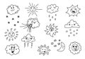 Funny doodle weather set. Isolated icons on white background. Hand drawing clouds, suns with cute face Royalty Free Stock Photo