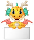 Funny dragon cartoon holding blank sign