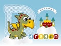 funny dragon with colorful castle on cloud vector cartoon illustration