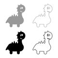 Funny dragon cute character dinosaur dino set icon grey black color vector illustration image solid fill outline contour line