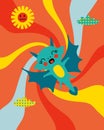 Funny dragon fly in the sky vector graphic poster. Year of the Dragon 2024 cartoon character. Great design for any purpose