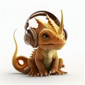 Funny dragon listens to music with headphones. AI generated.