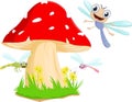 Funny dragonfly cartoon with red mushroom