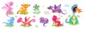 Funny dragons children characters. Dragon isolated, cute mythological fire breathing animals. Newborn dino and adult