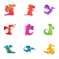 Funny dragons icon set, cartoon style