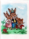 Funny drawing. Paper, watercolor, blue background. Family of three funny rabbits.