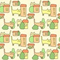 Funny drawn cats and cute houses. Seamless pattern . Vector illustration with adorable kittens for fabric and other surface