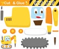 Funny drilling tractor. Education paper game for children. Cutout and gluing. Vector cartoon illustration