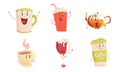 Funny Drinks Cartoon Characters Collection, Cola, Tea, Coffee Cup, Wine Glass Cute Beverages, Cafe, Restaurant Menu