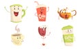 Funny Drinks Cartoon Characters Collection, Cola, Tea, Coffee, Wine Cute Beverages, Cafe, Restaurant Menu Design Element
