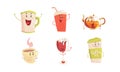 Funny Drinks Cartoon Characters Collection, Soda Drink, Tea, Coffee, Wine Beverages, Cafe, Restaurant Menu Design