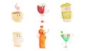 Funny Drinks Cartoon Characters Collection, Tea and Coffee Cup, Wine and Martini Glass, Milk, Juice Bottle Cute Royalty Free Stock Photo