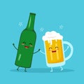 Funny drunk beer glass and bottle cartoon character in flat design vector.
