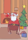 Funny drunk Santa Claus with a bag in a room with decoreted Christmas tree and colorful presents. Wasted happy Santa