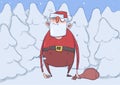 Funny drunk Santa Claus with an empty bag in snowy spruce forest. Wasted happy Santa Claus got lost. Horizontal vector