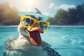 Funny duck having fun at a summer pool party