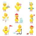 Funny duckling characters set, cute yellow duck Royalty Free Stock Photo