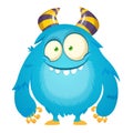 Funny dumb blue fluffy cartoon monster. Vector Halloween illustration