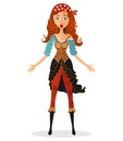 Funny dumbfounded young pirate girl. Cartoon Astonished woman. Flat Emotional pirate girl Character isolated on a white background