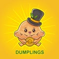 Funny dumplings in hat. Pelmeni or ravioli cartoon food character with coin. Cooked dish. Dough filled meat, vegetable. Vector Royalty Free Stock Photo