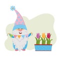 funny dwarf with colorful garland and flower pot with tulips, vector isolated illustration in flat style