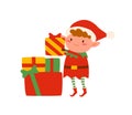 Funny dwarf elf with stack of Christmas gift boxes vector flat illustration. Adorable little Santa helper with heap of